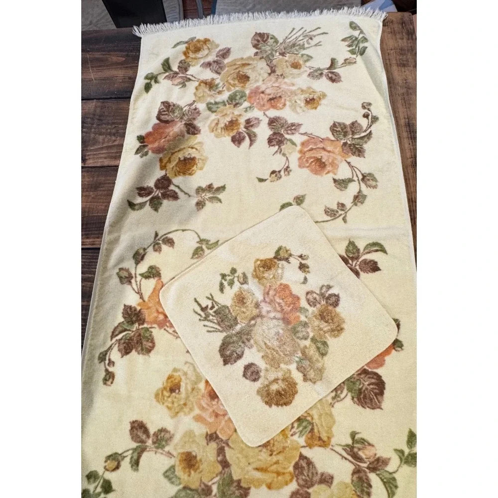 Cannon Royal Family Vintage Towel Set Yellow Floral Roses Cotton 2pc Excellent